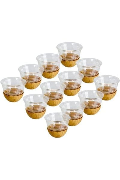 mastergold 12pcs Clear Heat Resistant Borosilicate Glass Arabic Coffee Cup Set with Elegant Compact Wood Base
