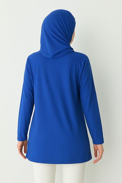 mirach Sapphire Color Cotton Combed Cotton Tunic Blouse |   Long Sleeve Comfortable T-Shirt Stylish Top with Bandana Gift