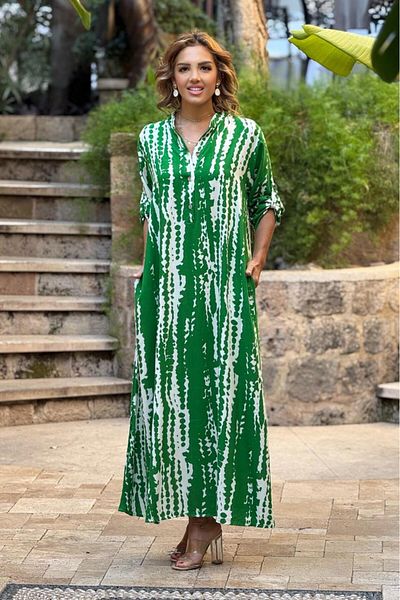 Nevin Kaya Moda JUMĂTATE DE PLAC Rochie verde cu modele fulger