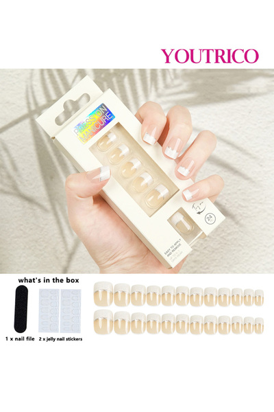 Youtrico 24 أظافر صناعية، حواف خطوط لامعة فرنسية، أظافر شبه منحرفة