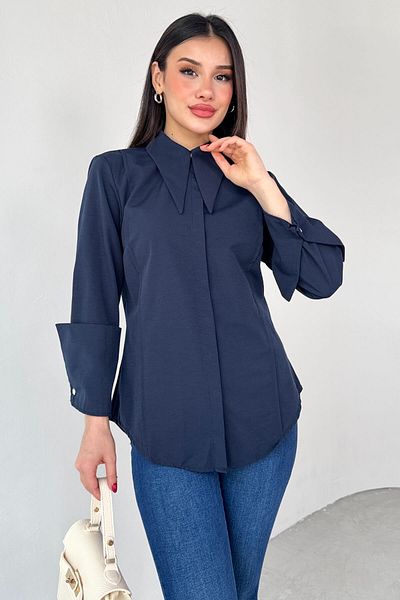 Cappmoda Gml-13258 Navy Blue Pointed Collar Hidden Button Ribbed Shirt