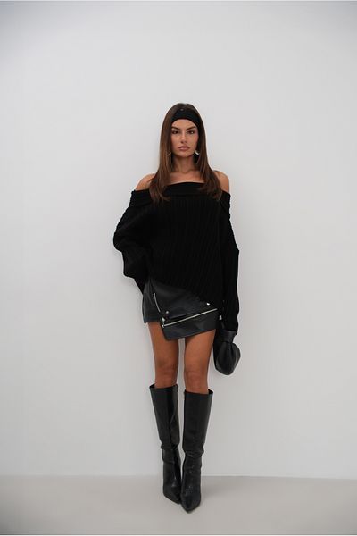 Black Fashion Tricotaj cu nervuri cu gât barcă Pulover negru