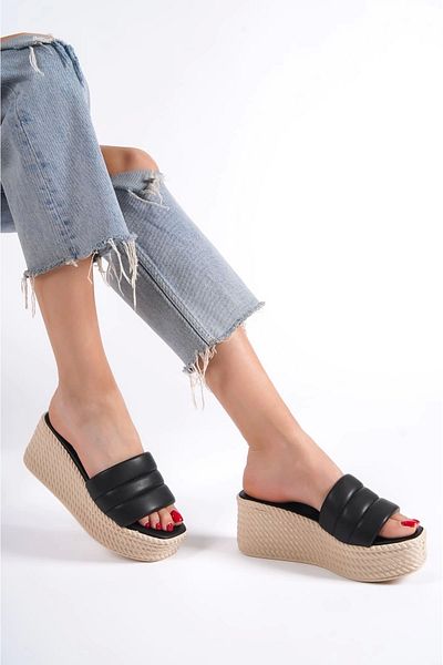 TB Terzi Bey Reına Wedge Heeled Orthopedic Sole Straw Look Γυναικείες Παντόφλες Kt - Μαύρο