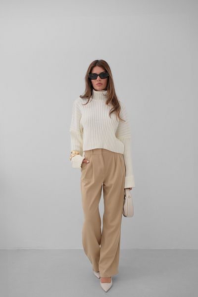 Black Fashion Ανοιχτό μπεζ παντελόνι Palazzo - Πτυσσόμενο στη μέση