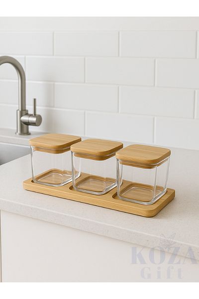 keyfisepet en keyifli sepet Set of 3 Glass Jars with Wooden Lid and Bamboo Stand Spice Nuts Storage Container Minimalist