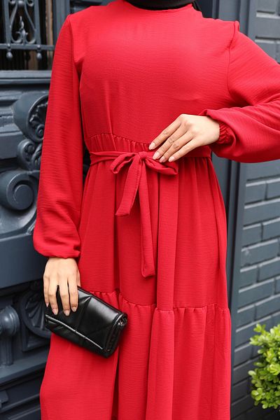 modessia Women's Red Aerobic Waist-Tied Fold Hijab Dress Kt456