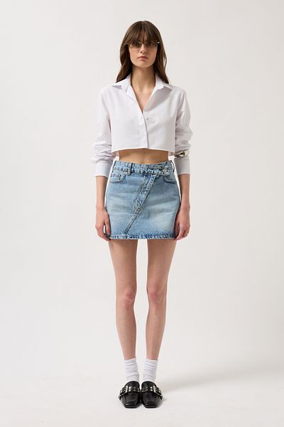 Black Fashion Fusta albastră mini denim cu centură asimetrică