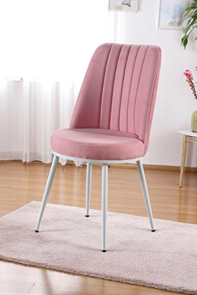 MYMASSA Gold Sandalye - Soho Pembe Kumaş - Metal Beyaz Ayak - Mutfak Sandalye...