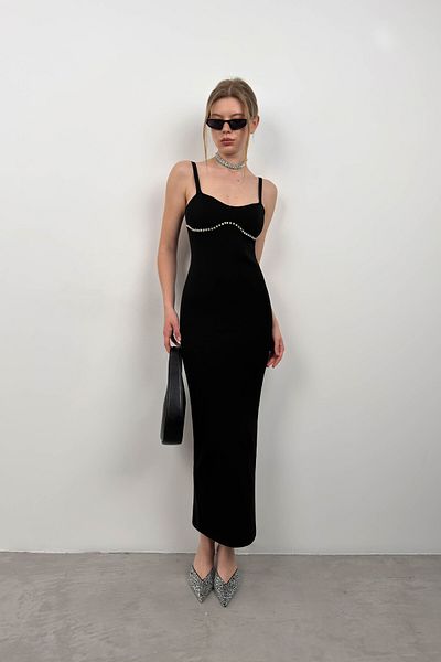 Black Fashion Black Stone Detailed Textured Dress