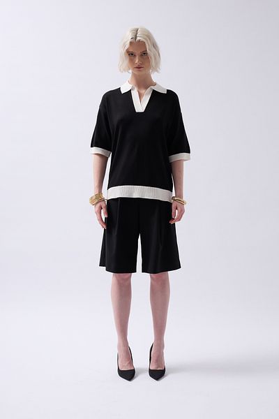 Black Fashion V-Neck Stripe Detail Black and White T-Shirt