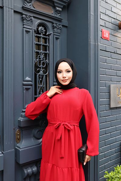 modessia Women's Red Aerobic Waist-Tied Fold Hijab Dress Kt456
