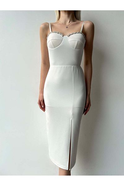 munora butik Women's White Slit Adjustable Strap Midi Graduation & Wedding Dress