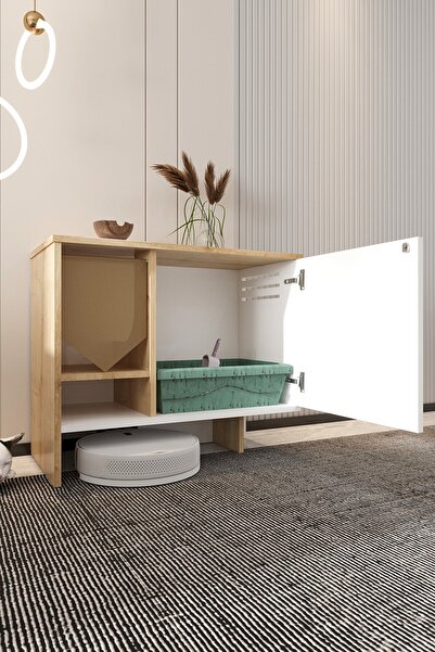 Mercie Mıa Ahşap Kedi Tuvaleti-kapağı Kilitli-giriş Yerindeki Kumaş Dahil-kum Kabı Dahil Değil-beyaz-s.meşe