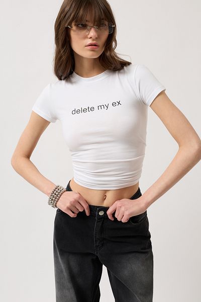 Black Fashion Delete My Ex Printed Lycra Crop White T-Shirt
