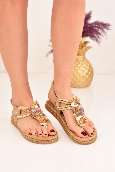 MODAONN Women's Multicolored Bead Detail Flip Flops Sandals