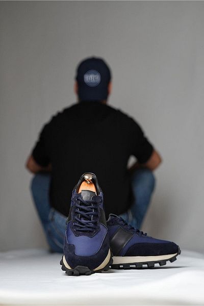 TETRİ Sarasota Model Real Leather Handmade Men's Navy Blue Sneaker Shoes - Men's Sports Shoes