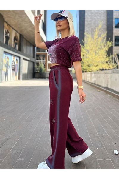 Kokoşum Butik 7217 Round Stone Trousers Claret Red