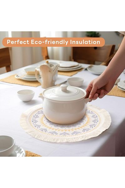 COOYA 4Pcs Round Cotton Place mats, Washable, Boho Woven, Heat Proof for Dining Wedding Home Decoration