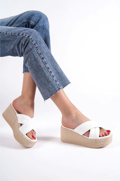 Ramer Joymix Orthopedic Straw Look Wedge Heeled Γυναικείες Παντόφλες - Λευκό