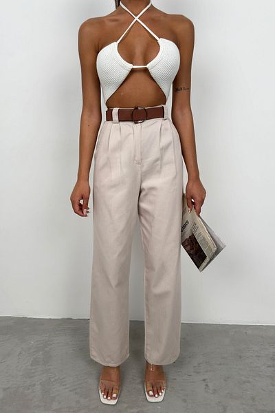 Black Fashion Stone Color Palazzo Belted Trousers