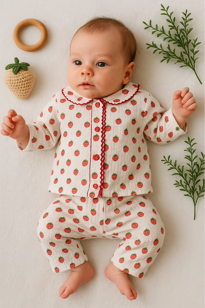 HAVUÇ BEBEK Zem baby strawberry Printed collared 2-piece baby pajama set