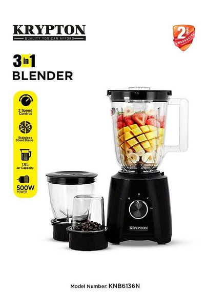 KRYPTON 3 in 1 Blender with Stainless Steel Blades, Unbreakable PC Jar with Grinder Cups, 2 Speed Switch wit