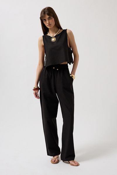 Black Fashion Flat Cut Black Trousers with Lace-Up Waist