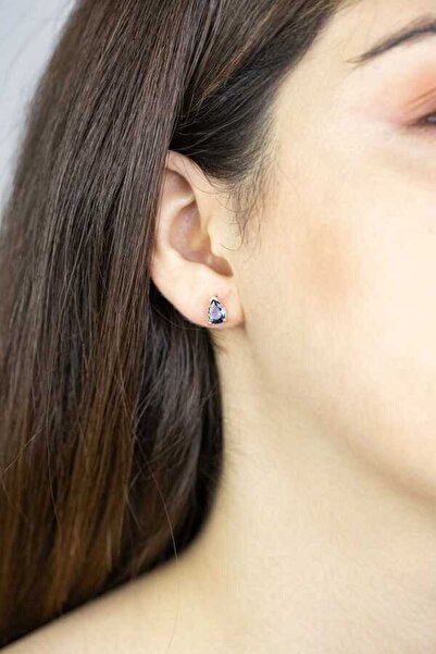 Midyat Gümüş Dünyası Damla Model Mor Taşlı Gümüş Tektaş Küpe Rose Kaplama