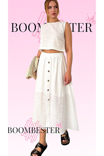 BoomBester Women's White Buttoned Long Skirt with Elastic Waist 100% Cotton Flam- Bohemian Skirt