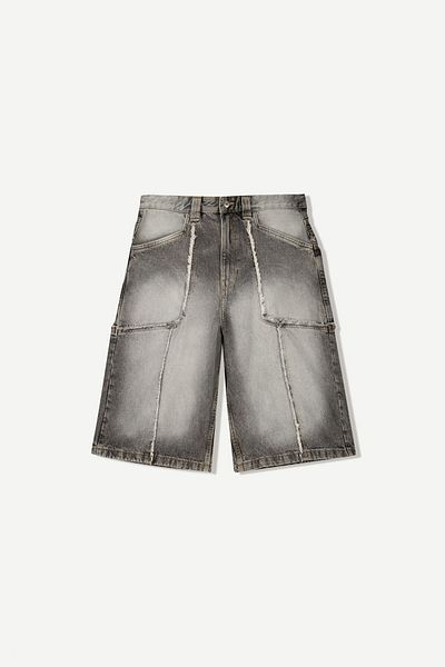 Bershka Baggy denim Bermuda shorts with fringing