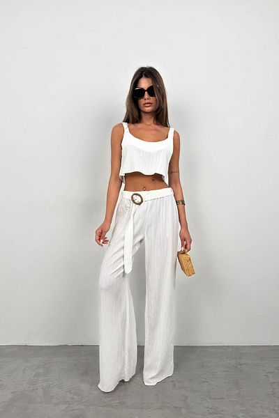 Black Fashion Set bluză și pantaloni cu centură albă