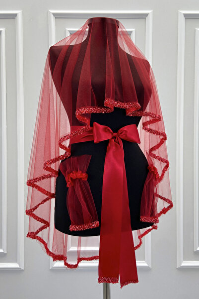 ZEYMERADE Kırmızı Gelin Duvak Seti, Cam Boncuk Ve İncili, Kına Gecesi Duvağı ...