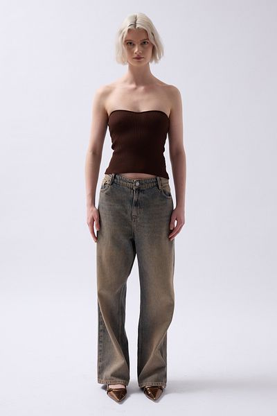 Black Fashion Στράπλες με υφή καφέ Crop