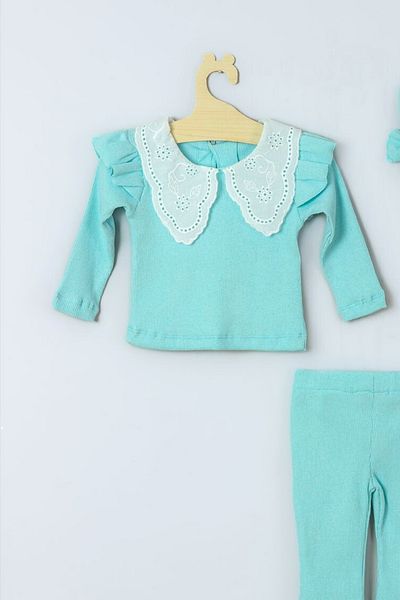 ADABEBEK Lace Collar Detailed Ribbed Bandana Baby Girl Set