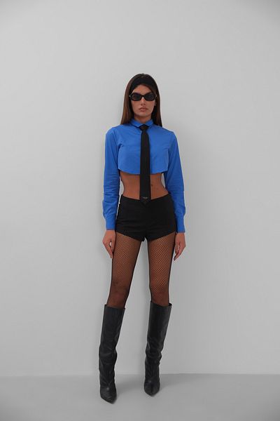 Black Fashion Cămașă Saks Crop - Cu Detaliu Manșetă