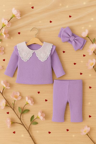 ADABEBEK Lace Collar Detailed Ribbed Bandana Baby Girl Set