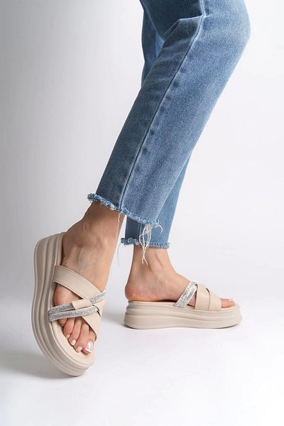TB Terzi Bey Ruby Flat Heeled Stone Cross Striped Thick and Orthopedic Sole Women's Slippers Ckt - Cream