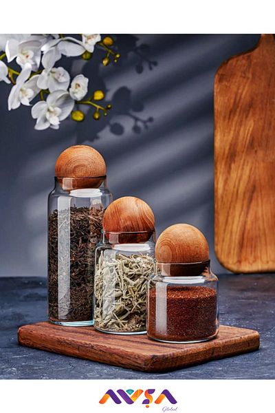 AVŞA Global 3-Piece Glass Jar Set with Wooden Ball Lid Sugar Bowl Snack Bowl Spice Bowl and Storage Container
