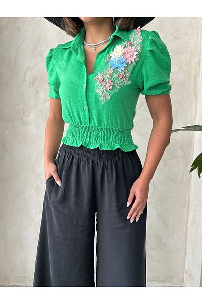 Miss Allos Cămașă cu mânecă scurtă pentru femei, cu imprimeu floral în față și cu talie