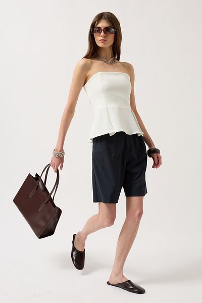 Black Fashion Pleated Strapless White Blouse