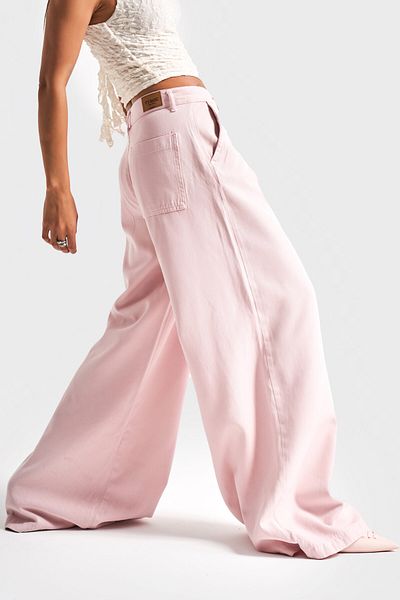 its basic Blugi de damă, culoare roz, 6s5-98 Palazzo Fit, cu tăietură largi, plisate, 100% bumbac