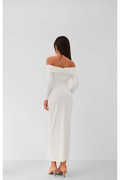 Black Fashion Ecru Maxi Dress - Boat Neck and Gather Detailed