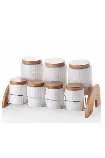 BUENOS Farmers Buenos Porcelain Spice Set 7 Pieces with Bamboo Lid White