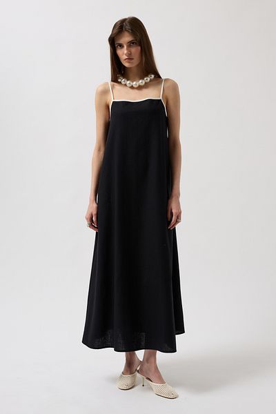 Black Fashion Stripe Detail Linen Maxi Black Dress