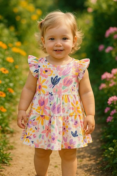 MİNYON BABY Flower Patterned Cotton Summer Green Dress