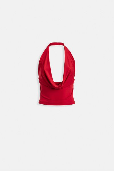Black Fashion Crop Red Blouse with Peplum Collar