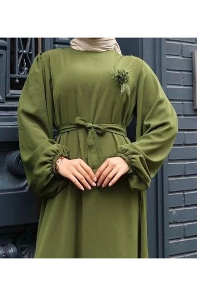 modessia ΓΥΝΑΙΚΕΙΟ Χακί Αερόβιο Πέτο Λουλούδι Λεπτομερές- Κομψό Μουσουλμανικό Φόρεμα με Μέση 0308