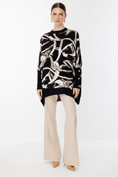 Ghisa Ribbed Detailed Tunic Black Beige Line Patterned