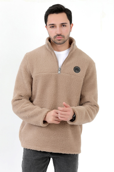 JB John Borners Erkek Peluş Sweatshirt Bej Yarım Fermuarlı Dik Yaka Nakış Detaylı - 9012