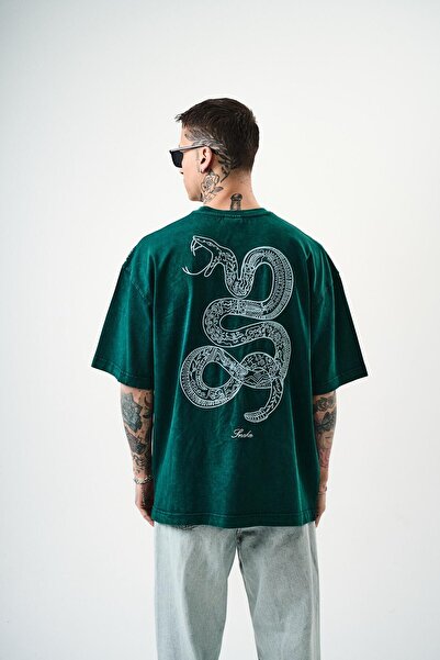 Respire Ανδρικό μπλουζάκι με κέντημα με φίδι, πλενόμενο, πράσινο